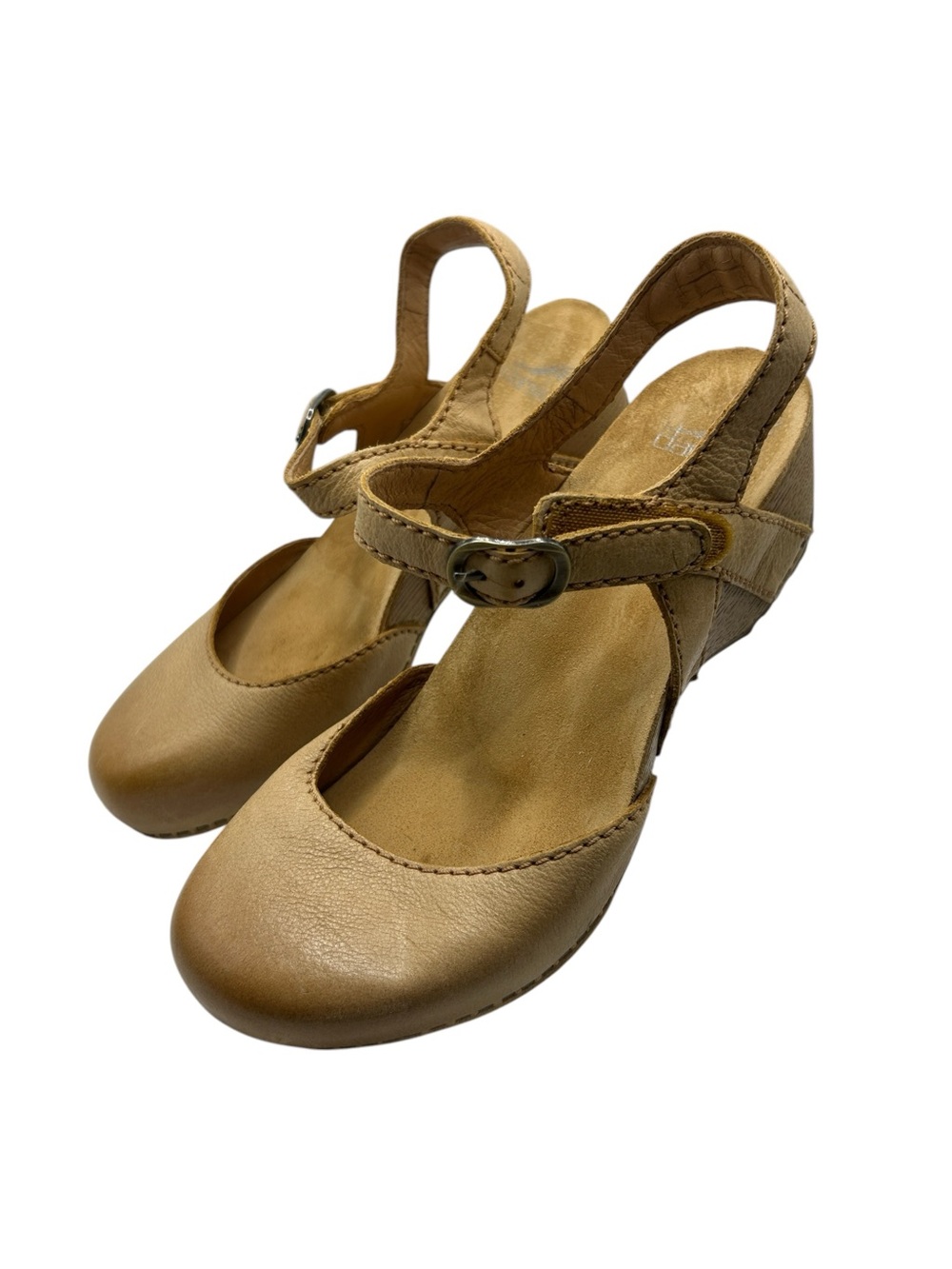 Dansko Tiffani style Tan milled burnished mary jane wedge sandals size 37